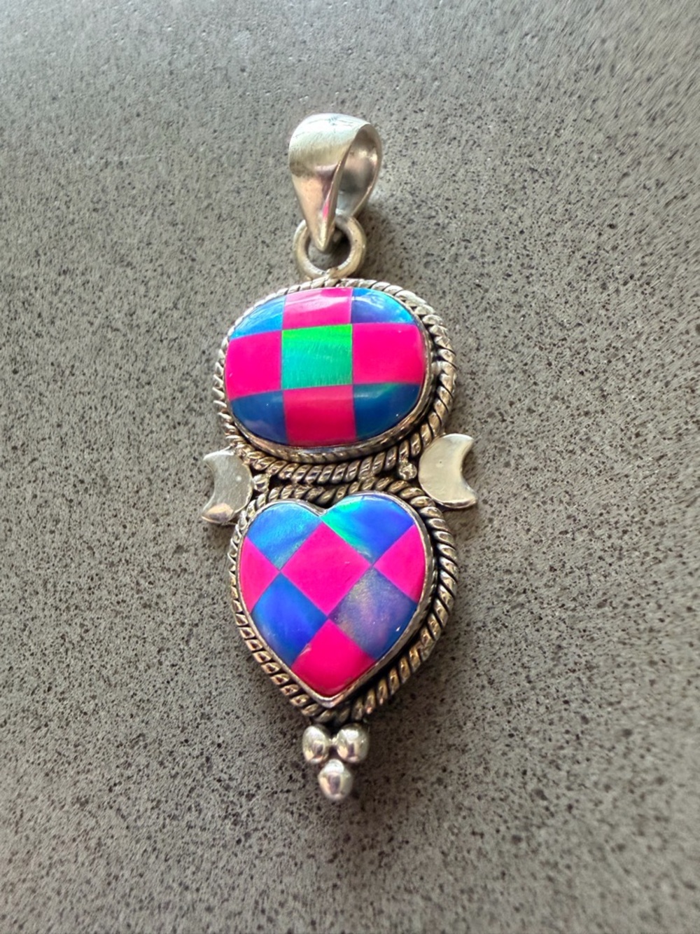 Sterling Silver Checkered Opal Inlay Pendant | Pink & Blue Festival Style | New